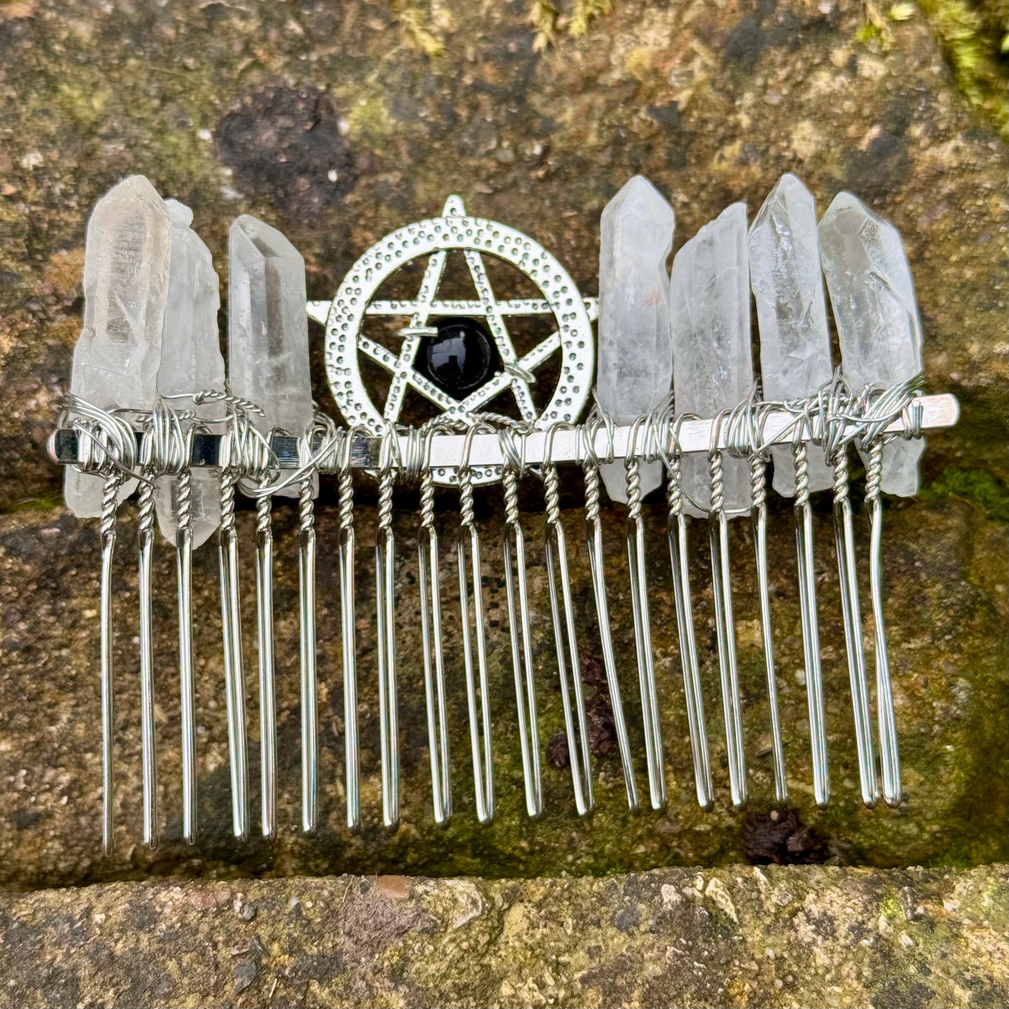 Clear Quartz & Black Obsidian Pentagram Hair Comb