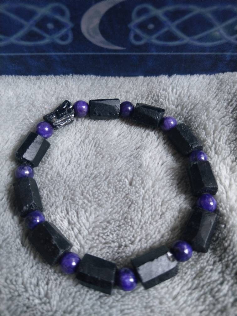 Raw black tourmaline and charoite bracelet crystal healing natural stone stretch bracelet