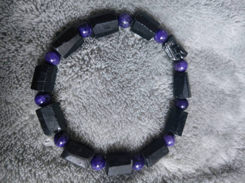 Raw black tourmaline and charoite bracelet crystal healing natural stone stretch bracelet