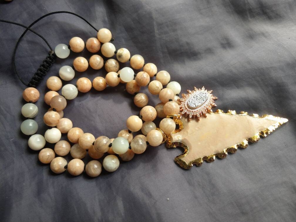 Peach moonstone and sunstone necklace with raw ocean jasper arrow head pendant adjustable crystal healing jewellery for women or men