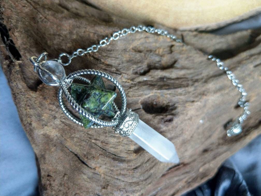 Dragons Blood Jasper Star and Clear Quartz Point Pendulum - Courage, Vitality, Personal Power