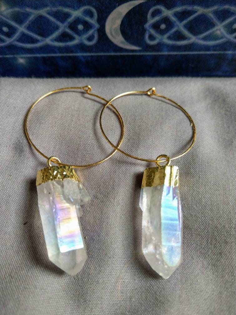 Angel Aura Quartz hoop earrings Witchy gift for her crystal healing jewellery for women