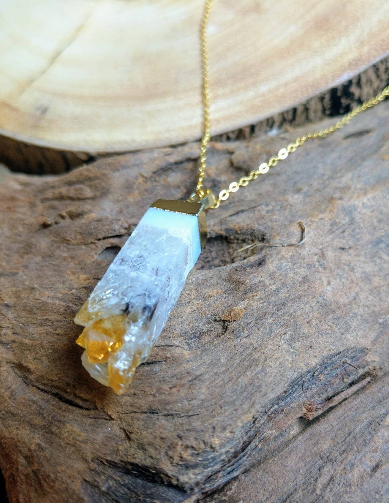 Citrine Necklace pendant natural stone crystal healing luck money abundance
