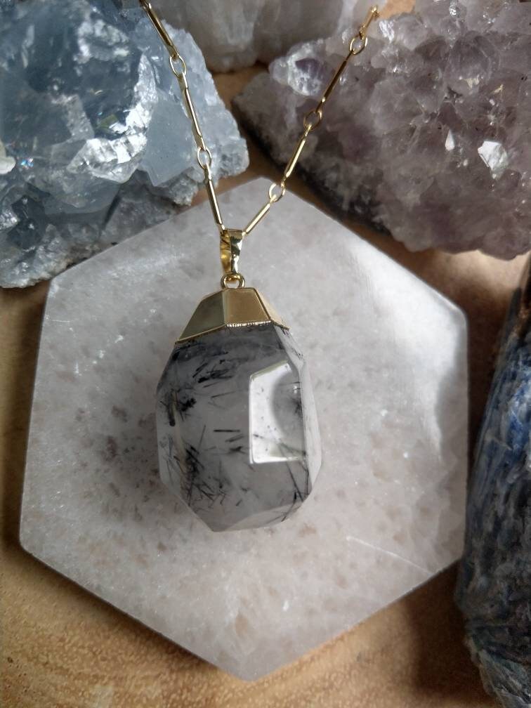 Black tourmaline in quartz pendant necklace gift for him or her faceted crystal healing jewellery witchy jewelry for women