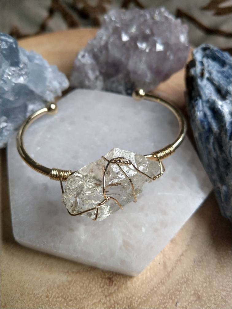 Citrine cuff bracelet wire wrapped raw stone gift for her jewellery for women witchy bangle solar plexus jewelry