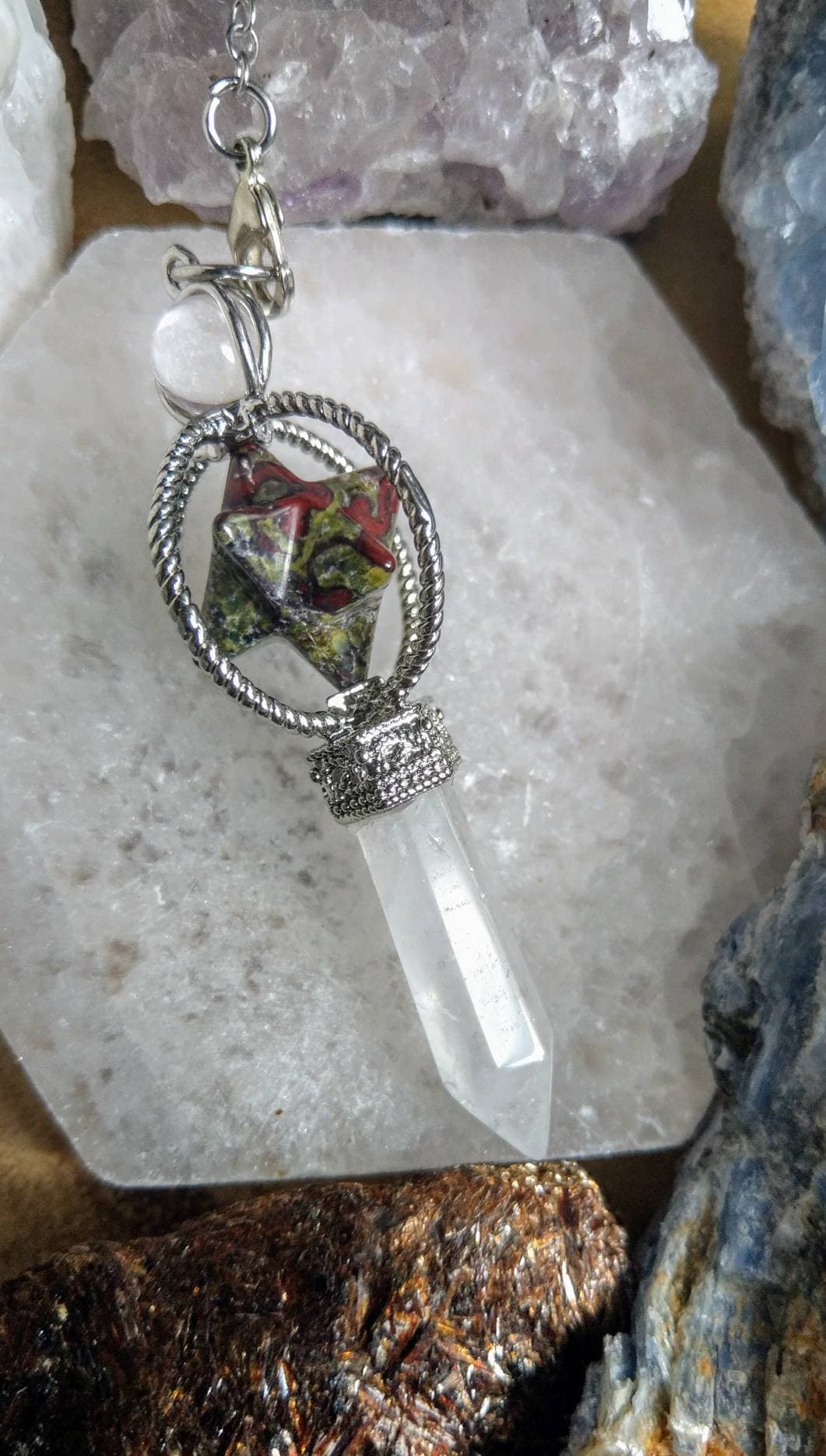 Dragons Blood Jasper Star and Clear Quartz Point Pendulum - Courage, Vitality, Personal Power