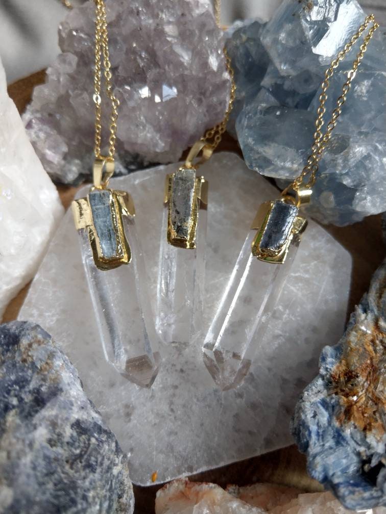 Clear Quartz and Kyanite Raw Point Pendant necklace crystal healing gift for her or him witchy jewellery for women or men crown chakra