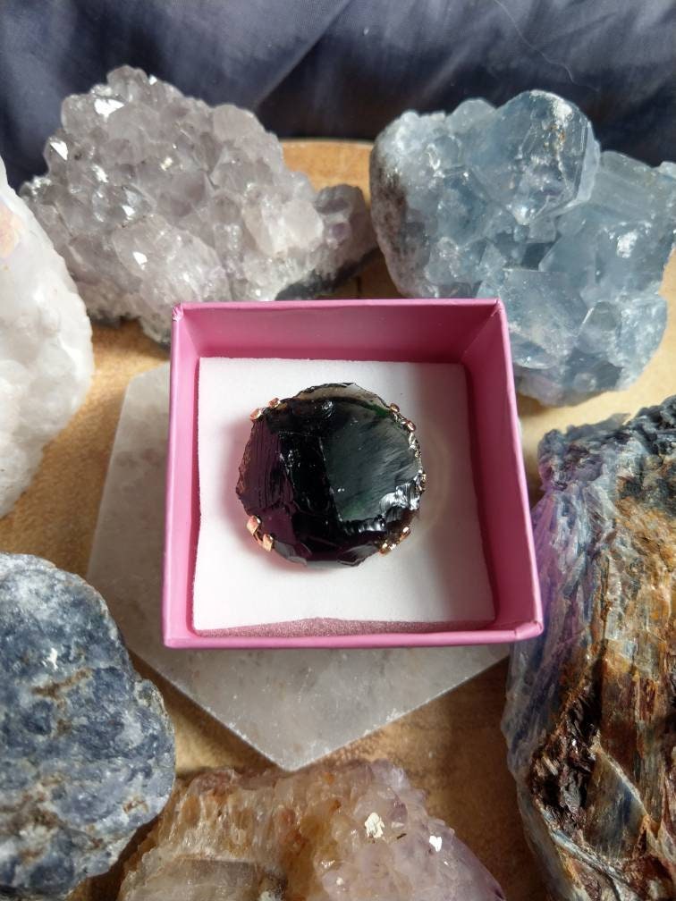 Black obsidian adjustable ring raw Stone Courage, Strength, Protection, Grief, Truth