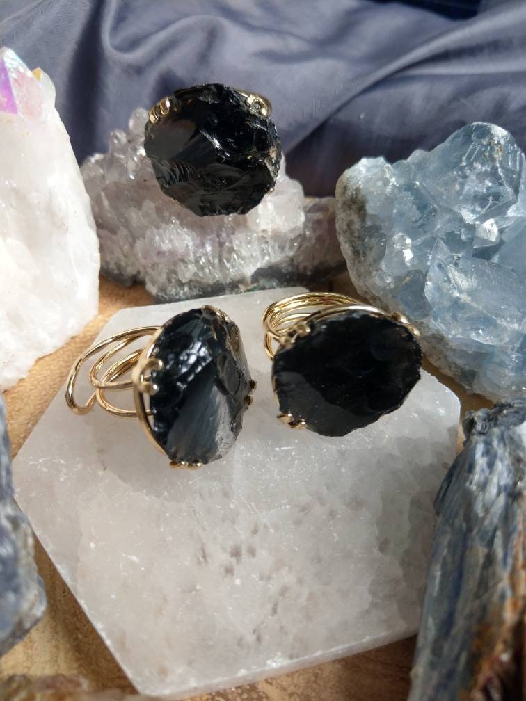 Black obsidian adjustable ring raw Stone Courage, Strength, Protection, Grief, Truth