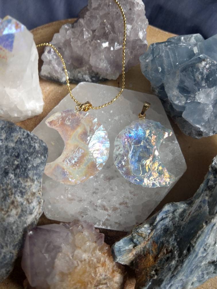 Angel Aura Quarter moon Raw pendant necklace celestial jewelry - Master Healer, Amplifier, Creativity, Attunement, Romance