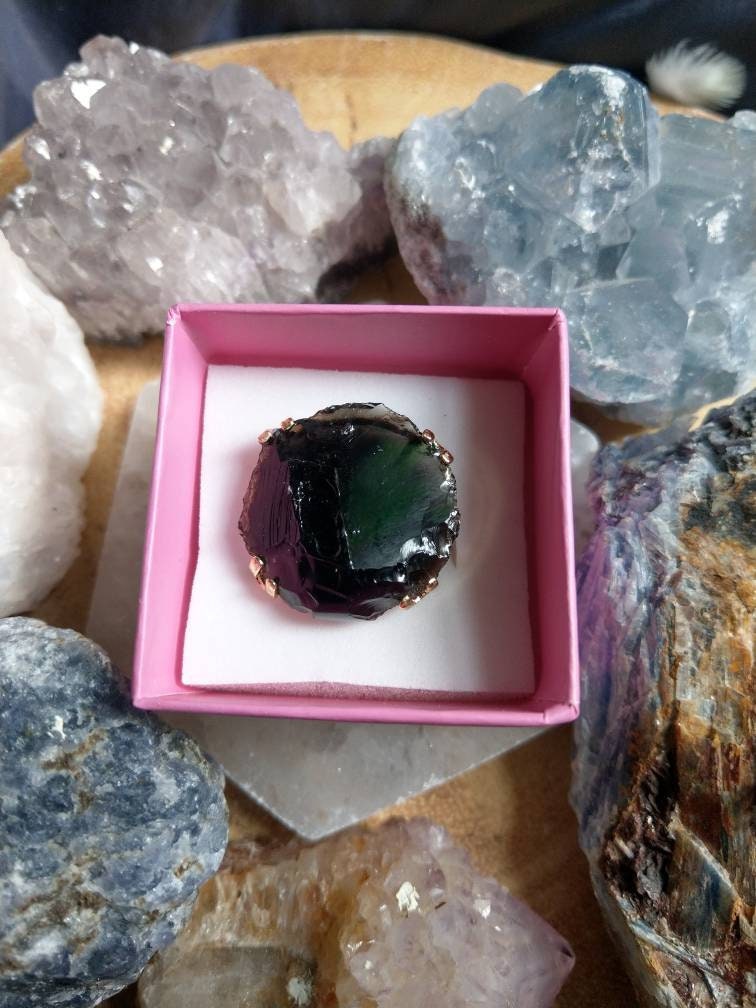 Black obsidian adjustable ring raw Stone Courage, Strength, Protection, Grief, Truth