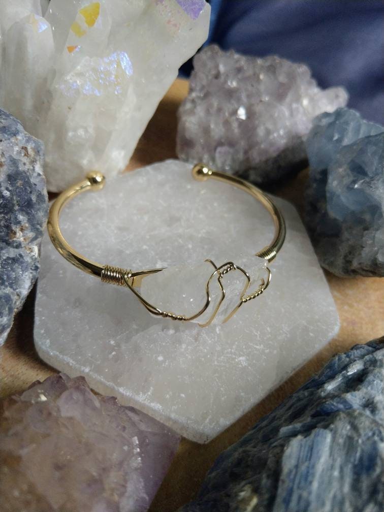 Clear Quartz bracelet Raw Stone wire wrapped cuff bangle Crystal healing natural stone jewellery for women gift for him or her crown chakra