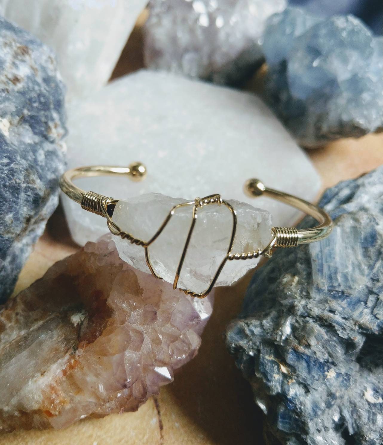 Clear Quartz bracelet Raw Stone wire wrapped cuff bangle Crystal healing natural stone jewellery for women gift for him or her crown chakra