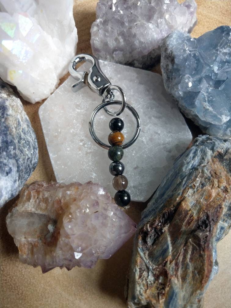 Ultimate Protection Crystal key ring chain with Black Tourmaline, Tigers Eye, Black Obsidian, Serpentine, Smoky Quartz and Hematite