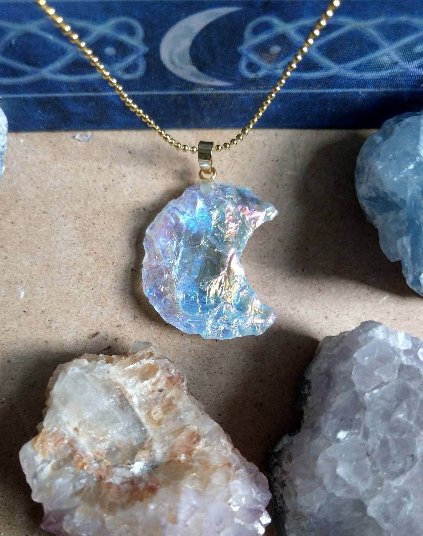 Angel Aura Quarter moon Raw pendant necklace celestial jewelry - Master Healer, Amplifier, Creativity, Attunement, Romance