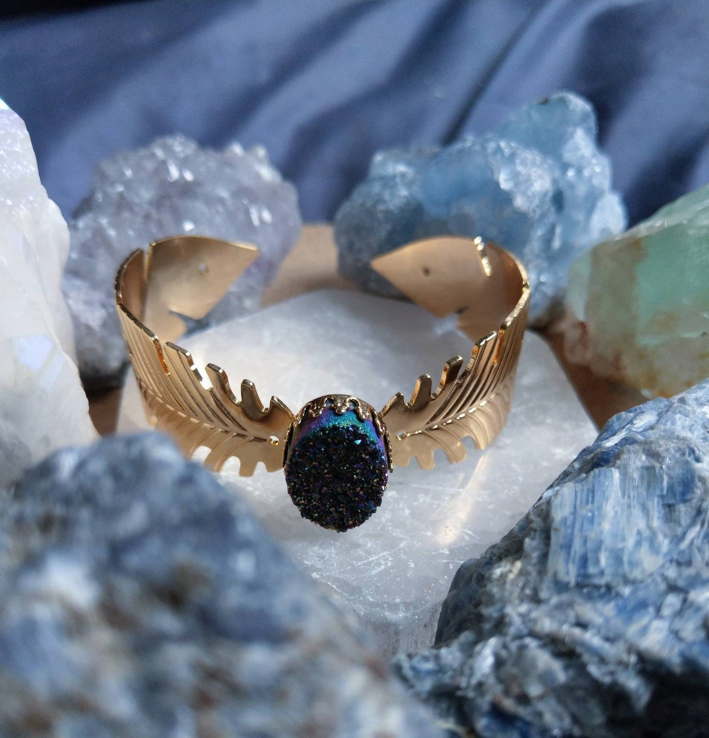 Druzy rainbow quartz cuff bangle bracelet Crystal healing gift for her natural Stone sparkly jewellery for women witchy jewelry