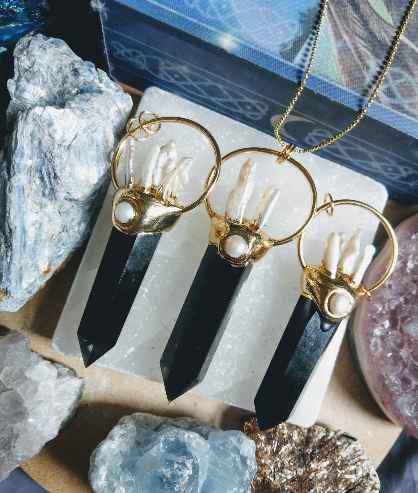 Black Obsidian and pearl point pendant necklace Crystal healing large polished stone witchy jewellery for him or her jewelry for women