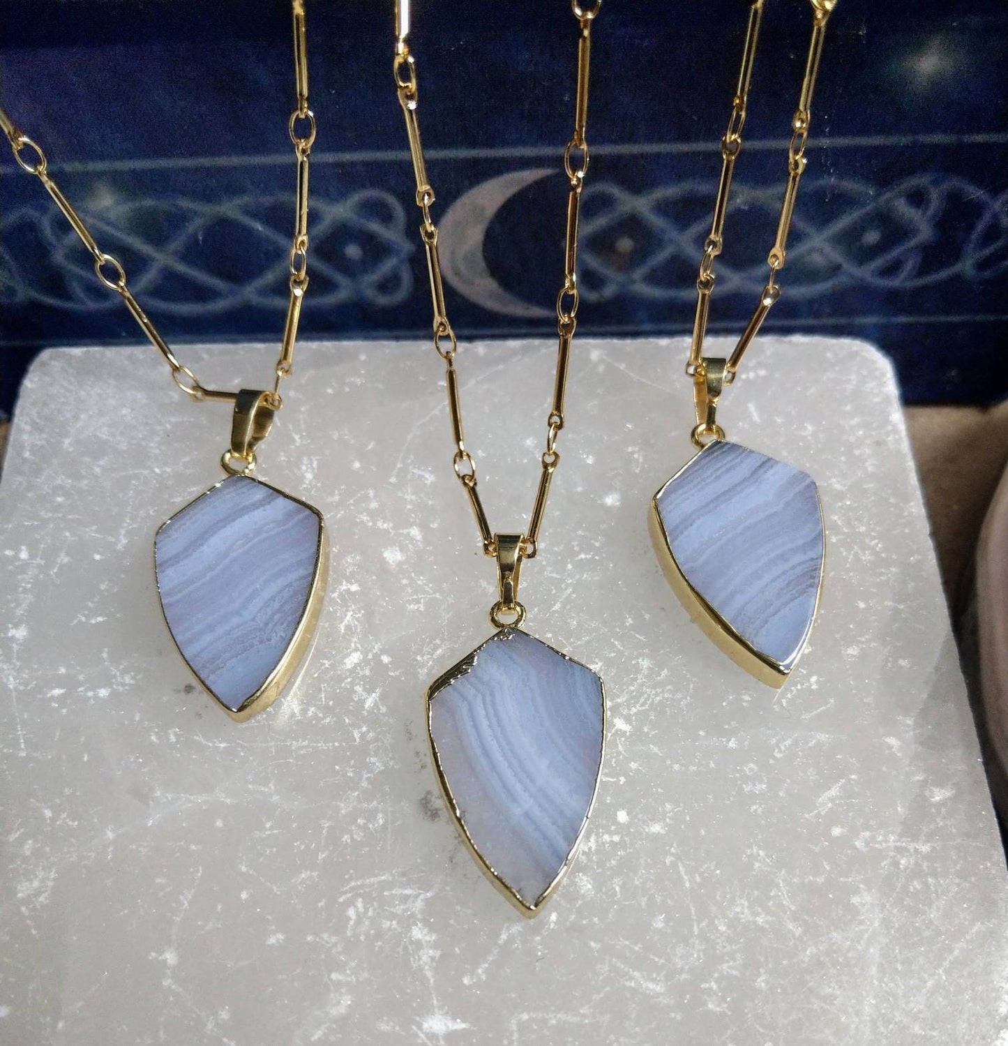 Blue lace agate necklace arrow head pendant crystal healing natural stone
