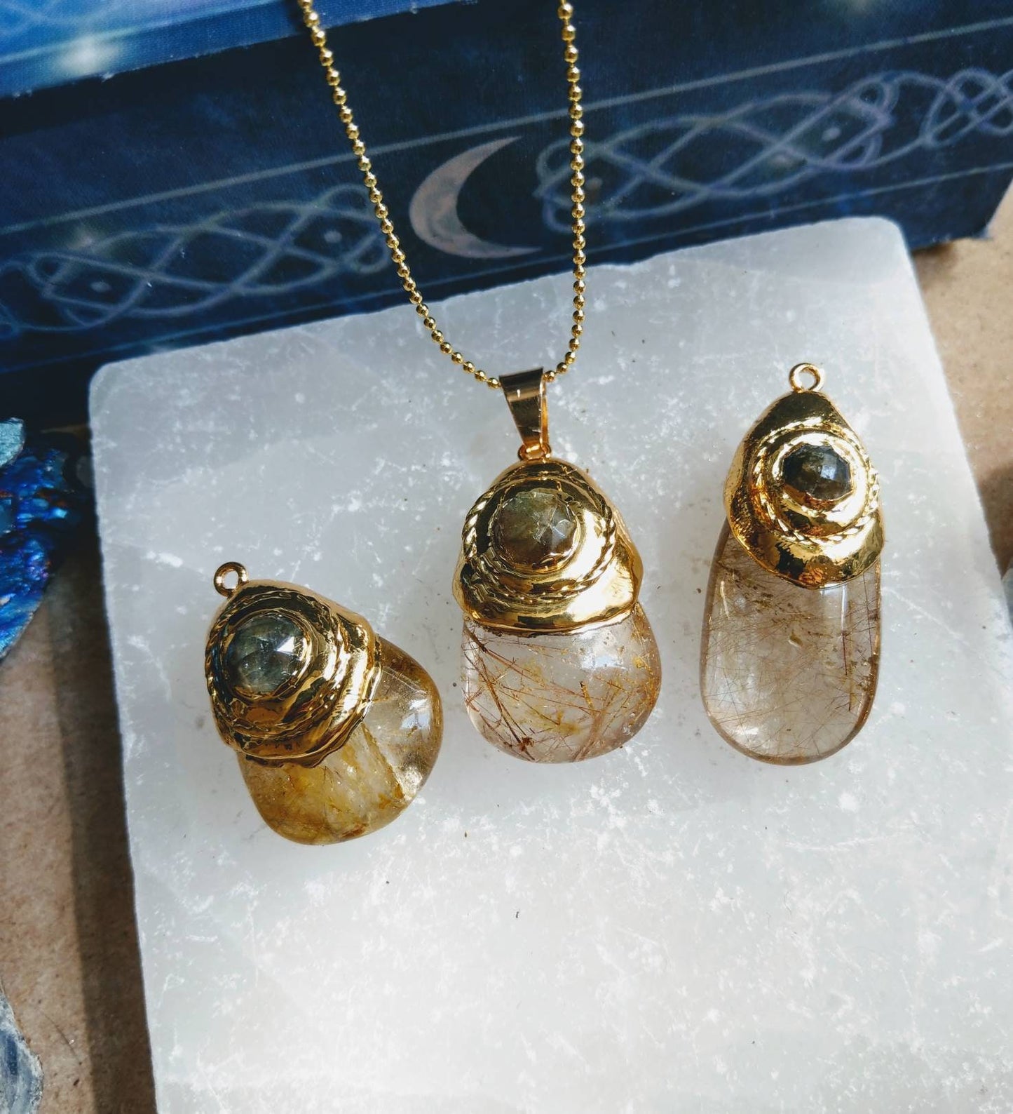 Golden Rutilated quartz and labradorite necklace gift for her jewellery for men witchy jewelry for women