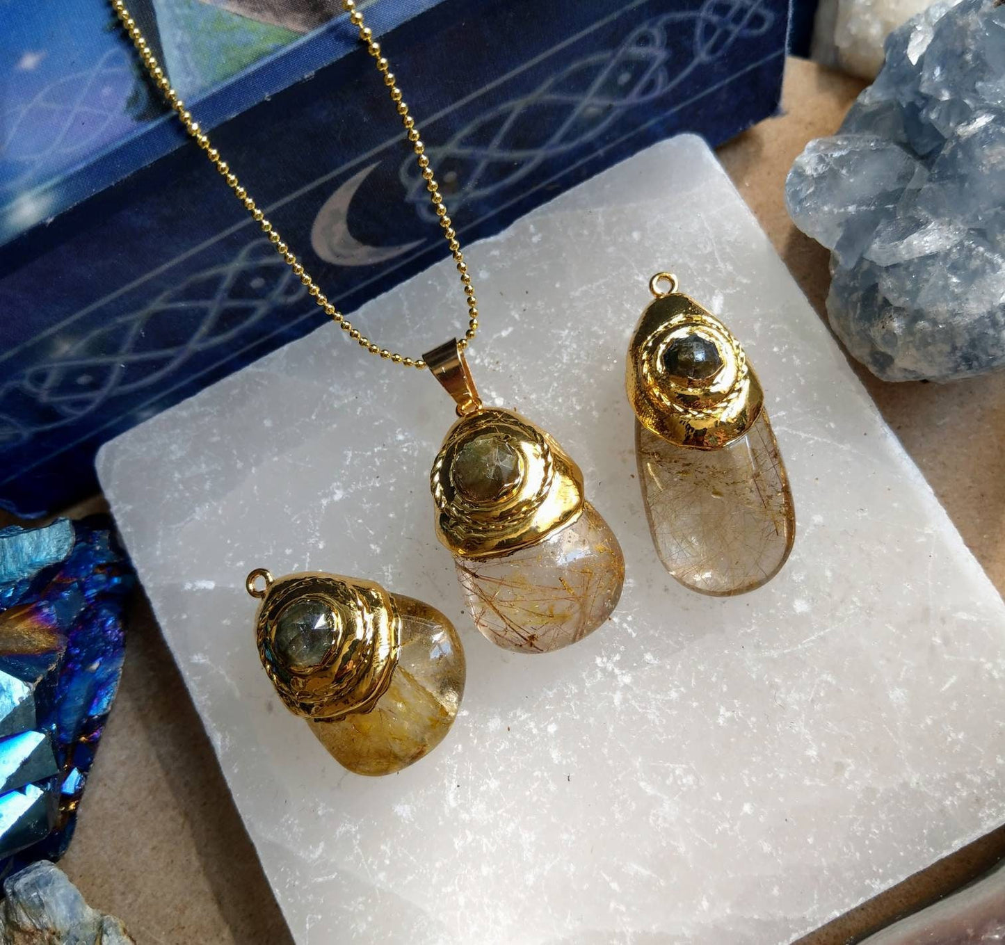 Golden Rutilated quartz and labradorite necklace gift for her jewellery for men witchy jewelry for women