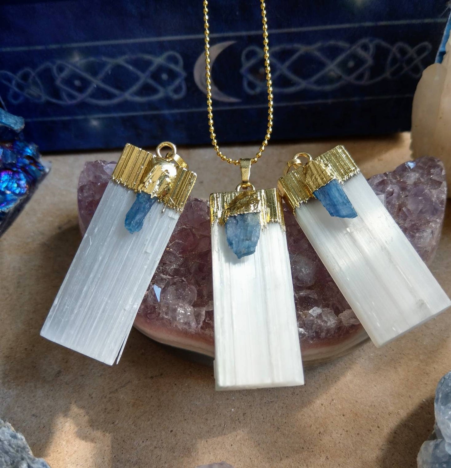 Selenite and Kyanite Pendant necklace for women and men crystal healing gift for him or her witchy jewellery crown chakra jewelry