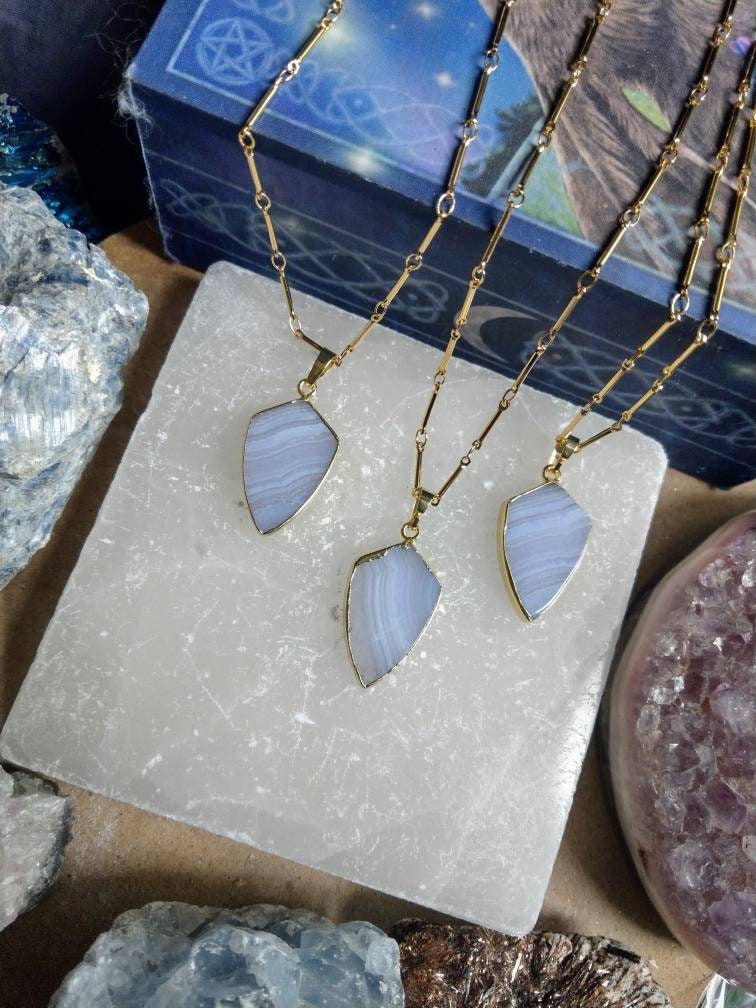 Blue lace agate necklace arrow head pendant crystal healing natural stone