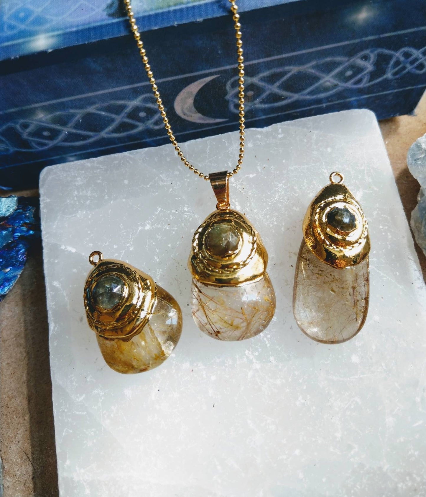 Golden Rutilated quartz and labradorite necklace gift for her jewellery for men witchy jewelry for women