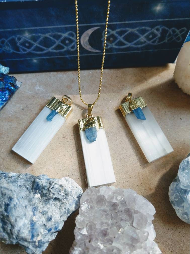 Selenite and Kyanite Pendant necklace for women and men crystal healing gift for him or her witchy jewellery crown chakra jewelry