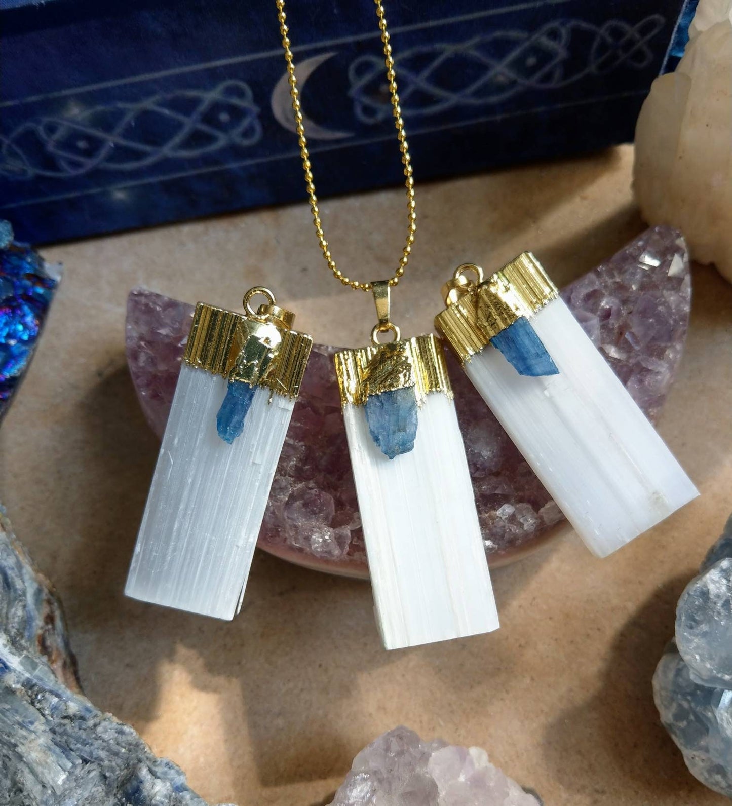 Selenite and Kyanite Pendant necklace for women and men crystal healing gift for him or her witchy jewellery crown chakra jewelry