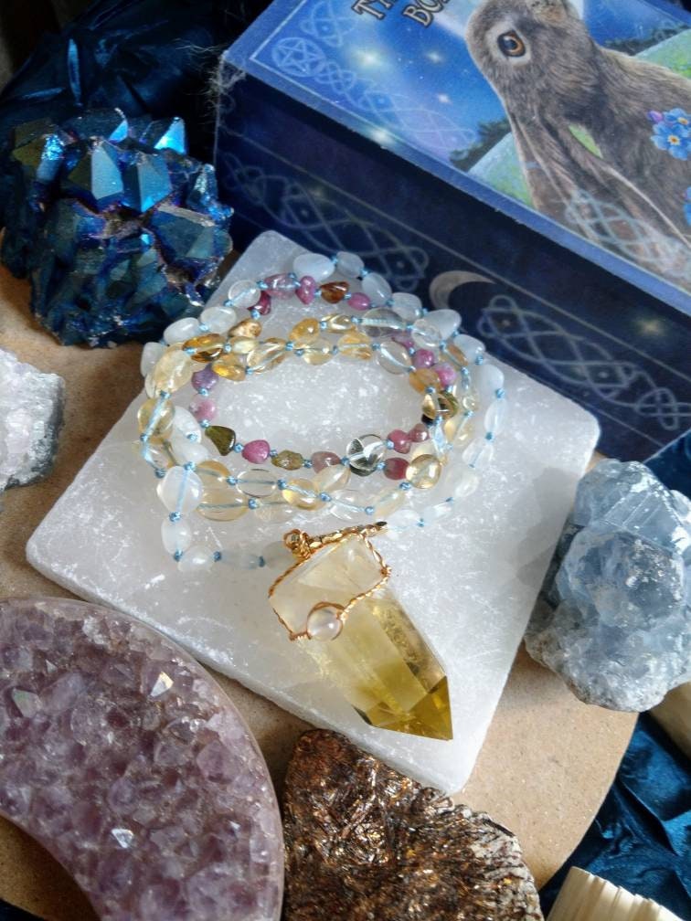 Moonstone citrine and mixed tourmaline mala necklace with citrine point pendant crystal healing natural stone jewellery