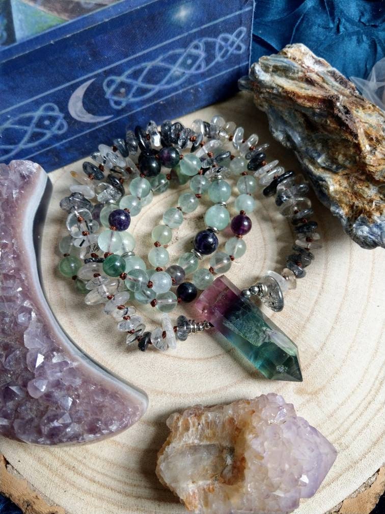 fluorite and tourmalinated quartz necklace large point pendant crystal healing bead jewellery gift for him or her witchy meditation jewelry