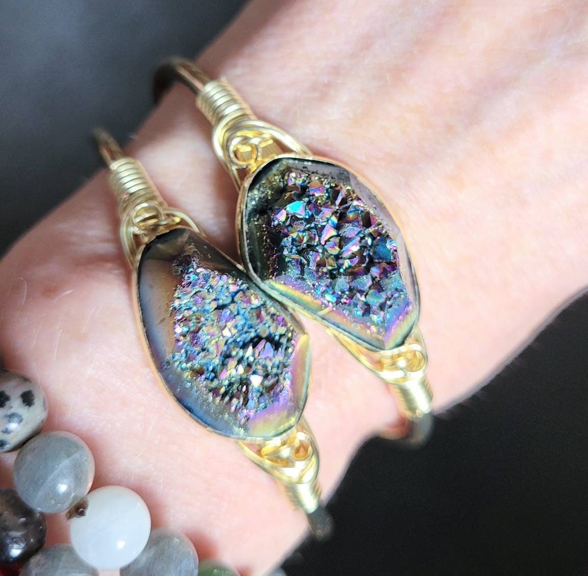 Druzy rainbow quartz cuff bracelet crystal healing bangle natural stone sparkly gift for her witchy jewellery for women