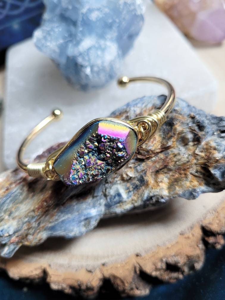 Druzy rainbow quartz cuff bracelet crystal healing bangle natural stone sparkly gift for her witchy jewellery for women