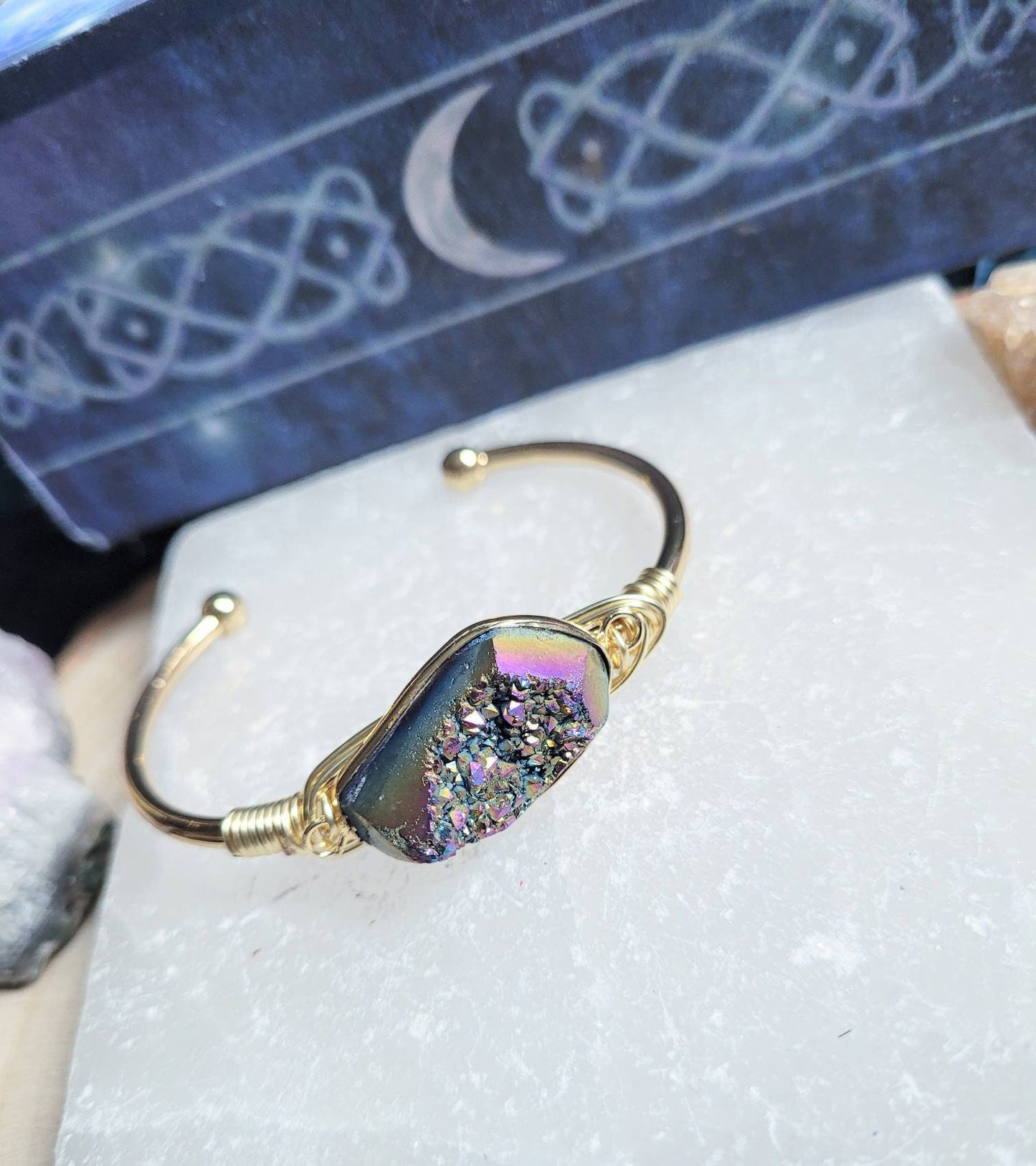 Druzy rainbow quartz cuff bracelet crystal healing bangle natural stone sparkly gift for her witchy jewellery for women