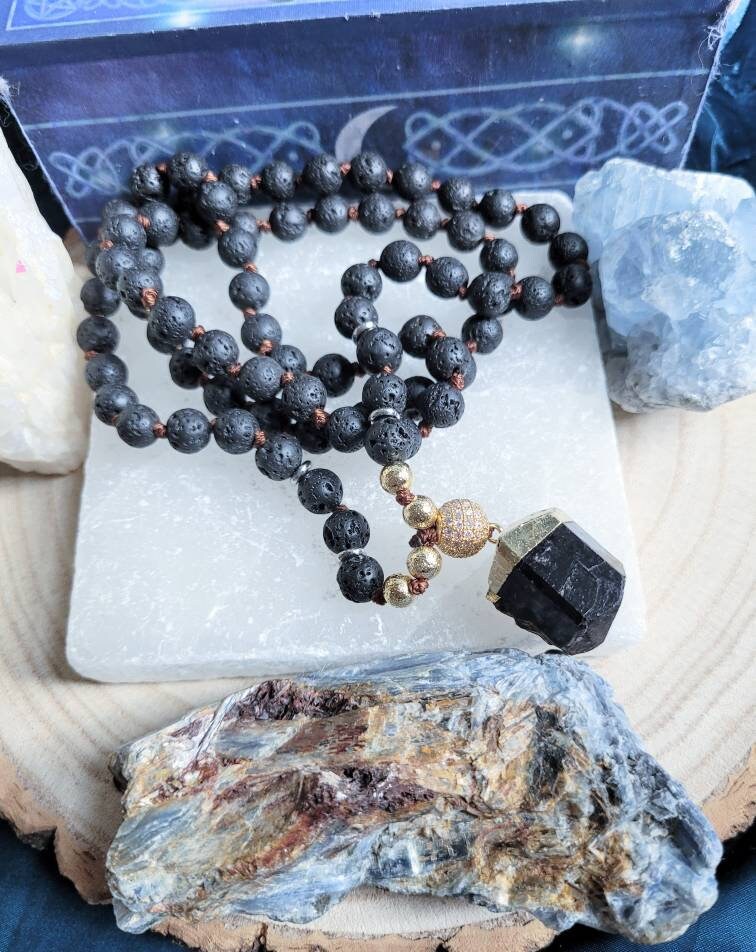 Lava stone Necklace with black tourmaline pendant 32" crystal healing- Meditation, Amplifier, Protection, Master Healer
