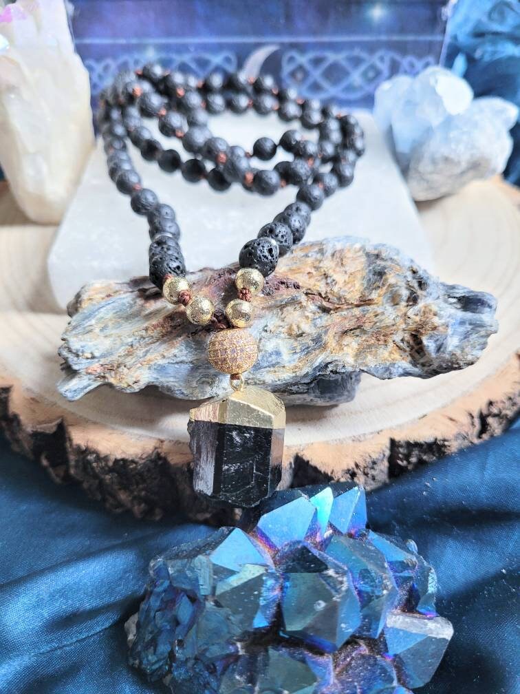 Lava stone Necklace with black tourmaline pendant 32" crystal healing- Meditation, Amplifier, Protection, Master Healer