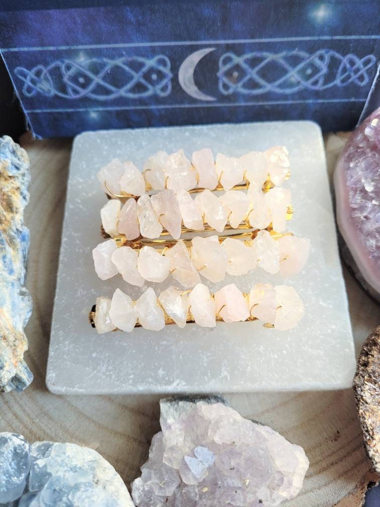 rose quartz hair slide barette grip crystal heart chakra natural stone raw hair decoration