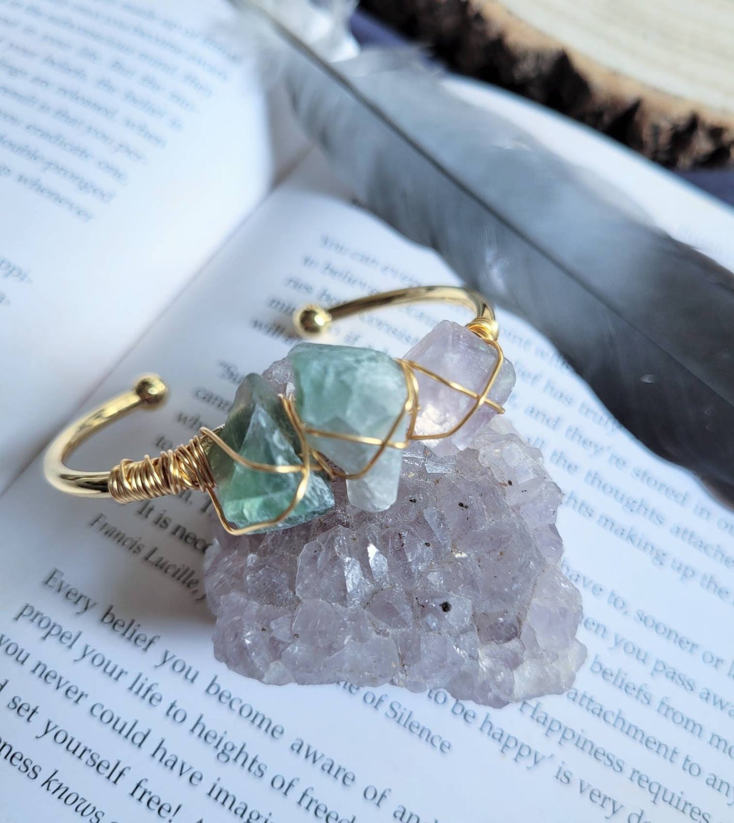 Fluorite wire wrapped raw stone cuff bracelet crystal healing witchy jewellery gift for her bangle