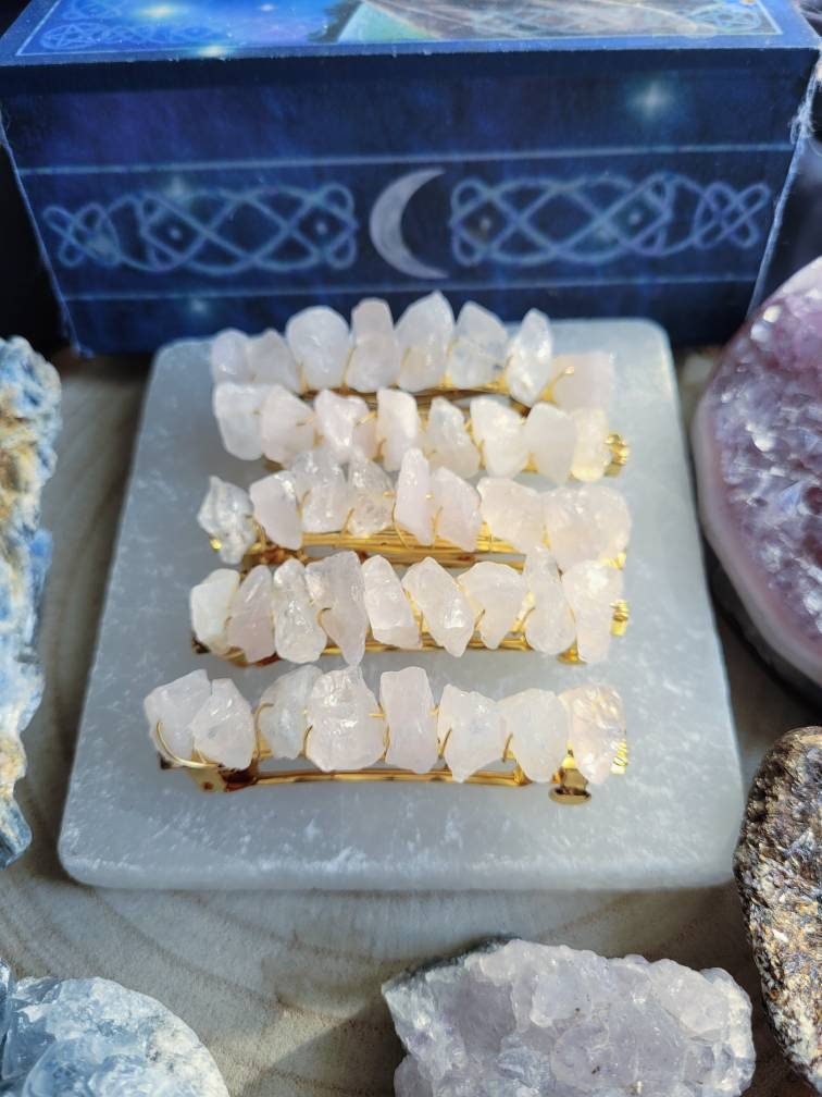 rose quartz hair slide barette grip crystal heart chakra natural stone raw hair decoration