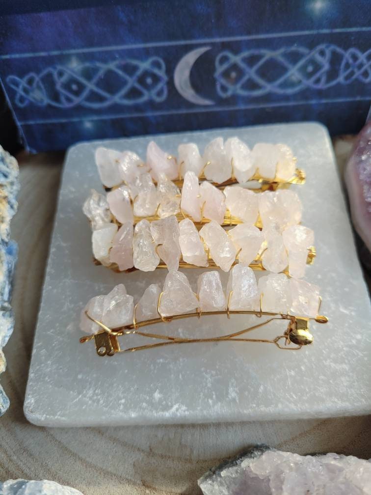 rose quartz hair slide barette grip crystal heart chakra natural stone raw hair decoration