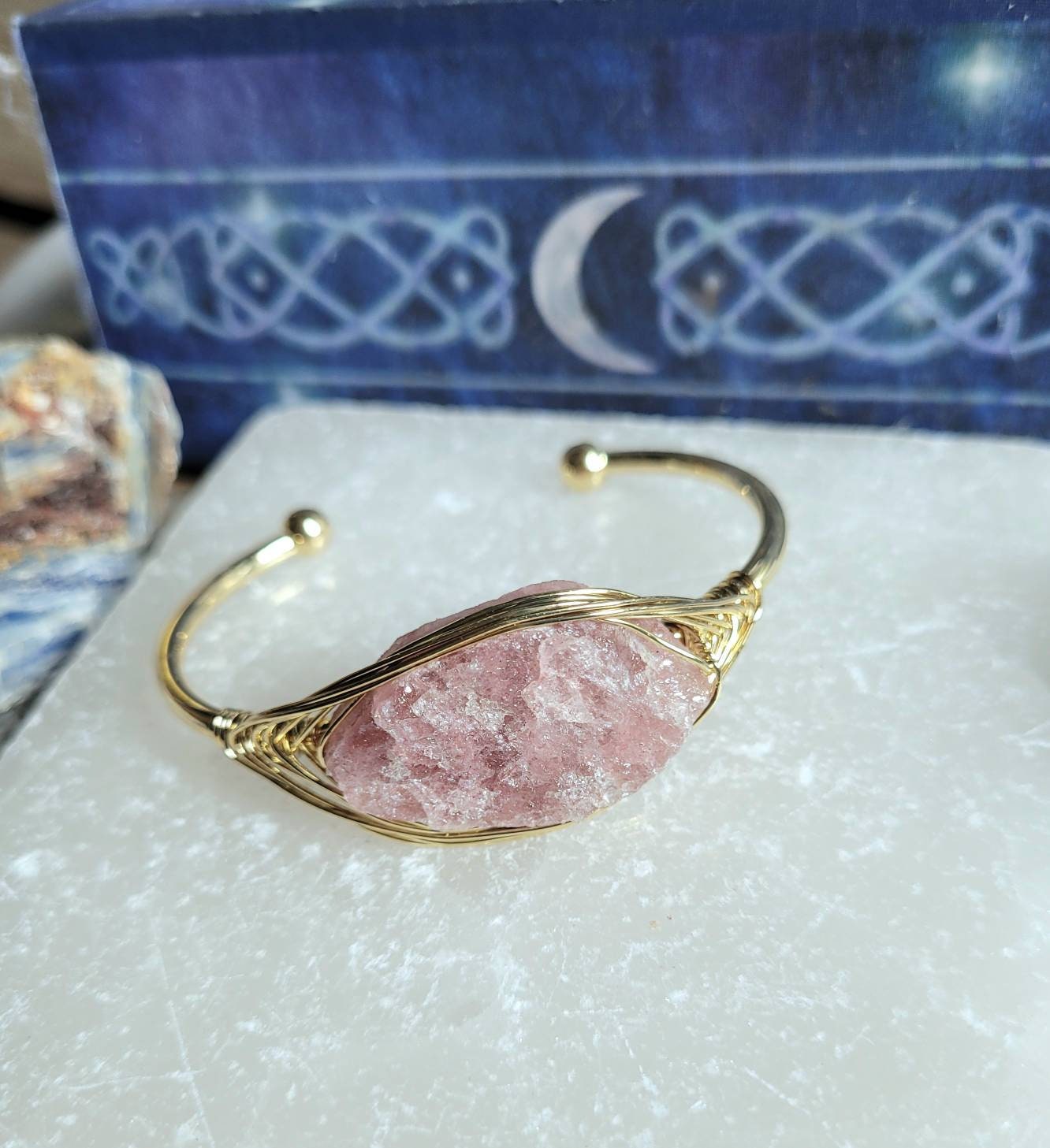 Strawberry quartz cuff bracelet bangle raw stone jewelry for her crystal healing witchy jewellery for women heart chakra