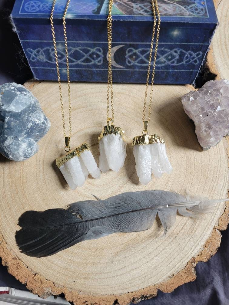 Clear Quartz cluster necklace pendant Crystal healing natural stone -wiccan, Master Healer, Amplifier, Clarity, Light