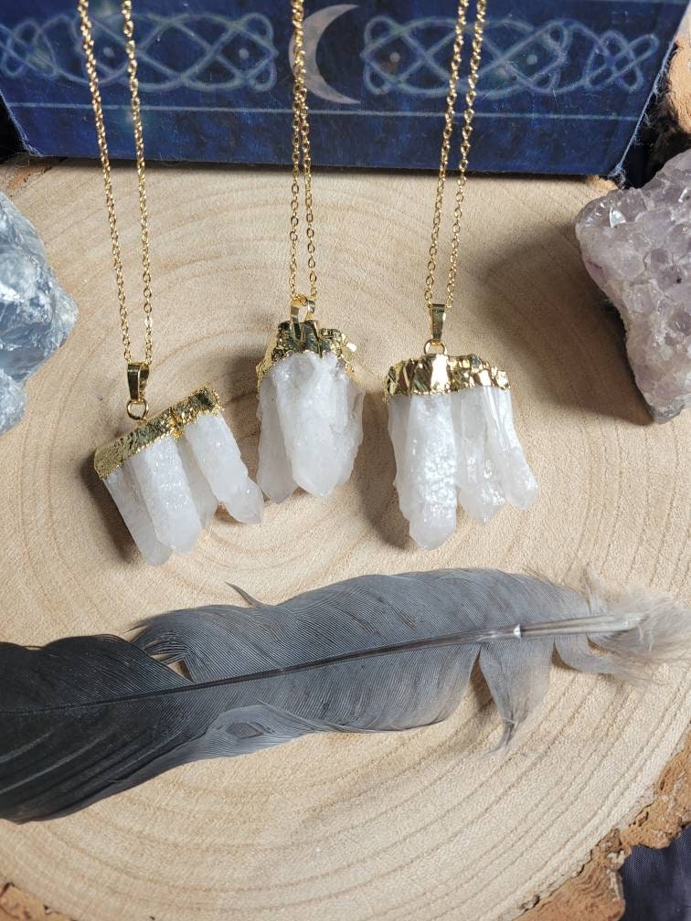 Clear Quartz cluster necklace pendant Crystal healing natural stone -wiccan, Master Healer, Amplifier, Clarity, Light