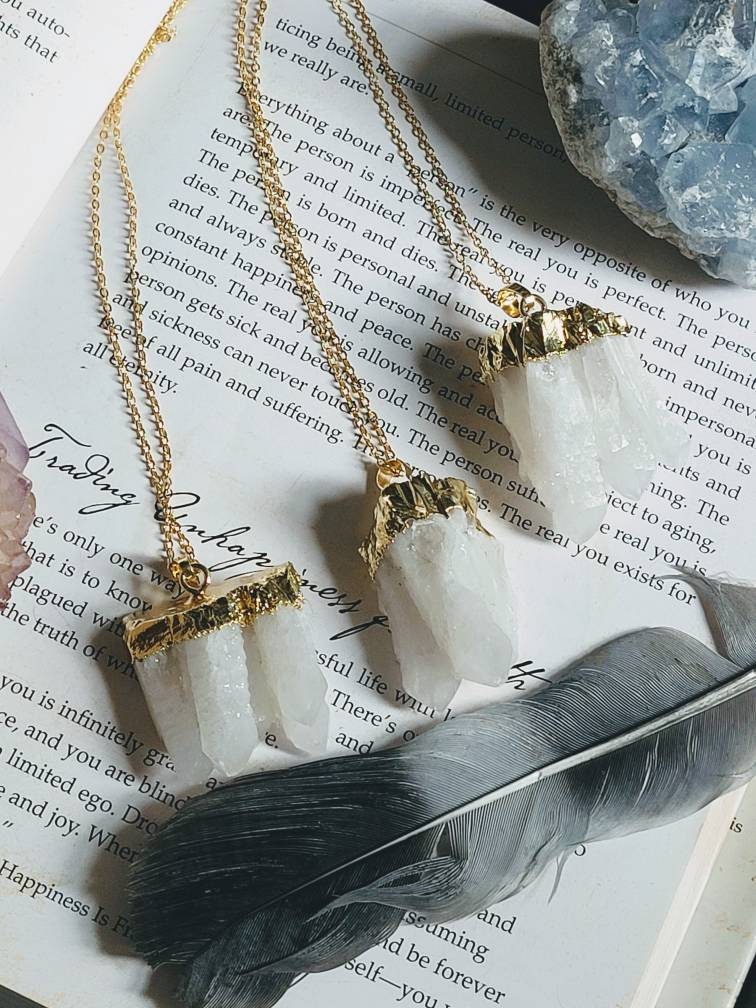 Clear Quartz cluster necklace pendant Crystal healing natural stone -wiccan, Master Healer, Amplifier, Clarity, Light