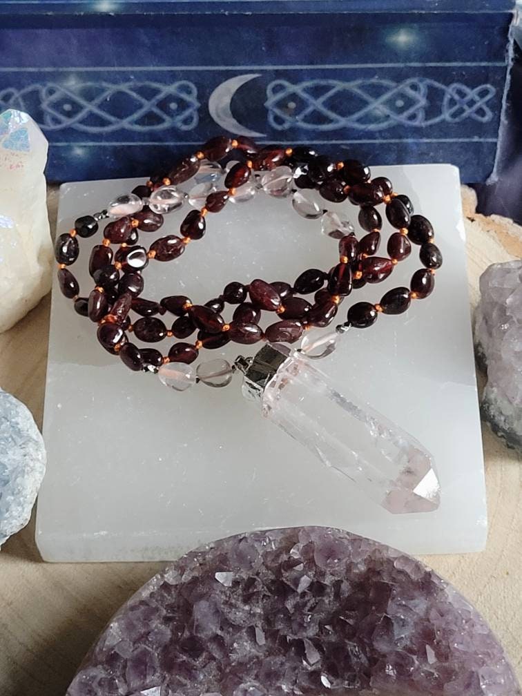 Red garnet necklace clear quartz point pendant knotted bead jewellery gift for him or her witchy gemstone jewelry
