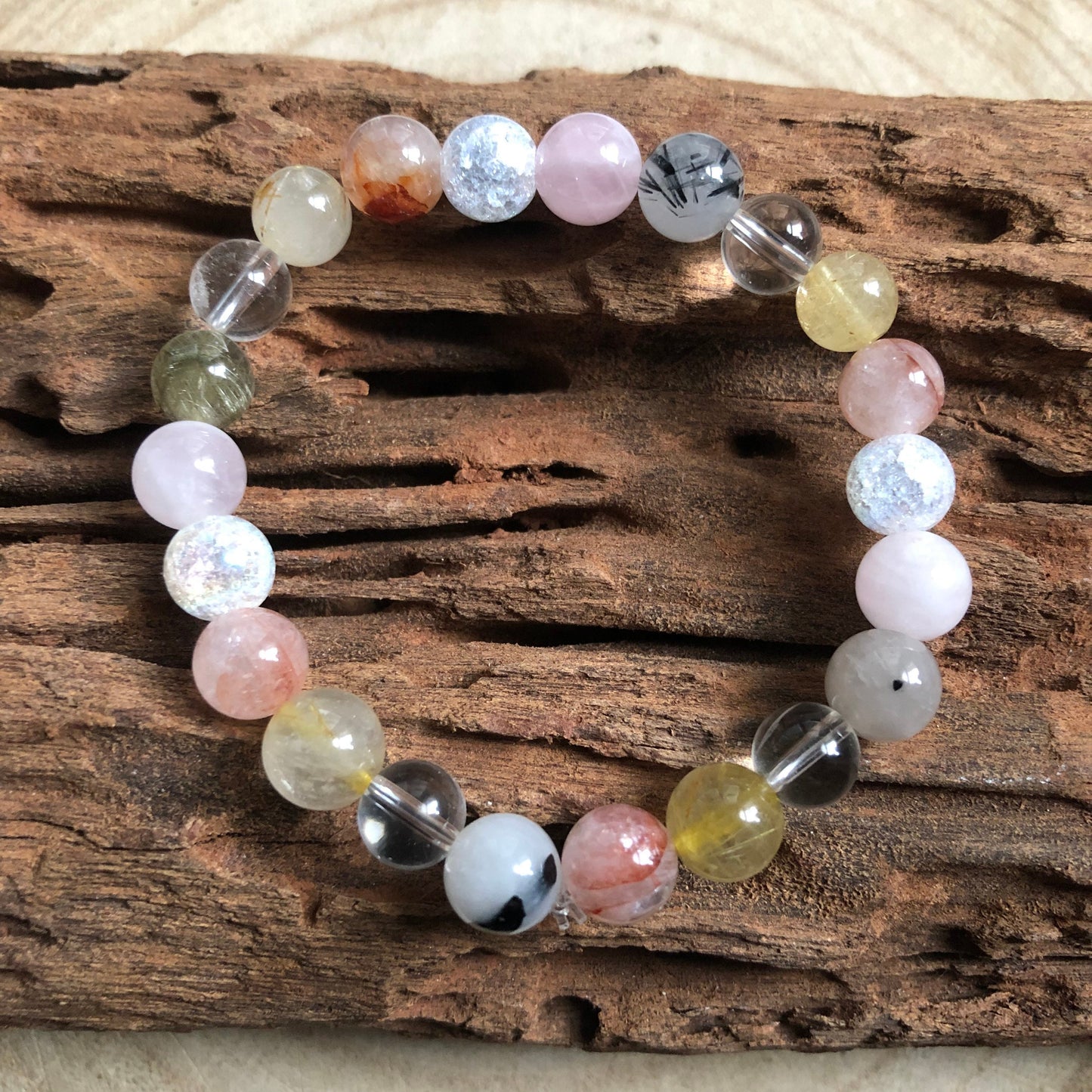Master Healer Beaded Crystal bracelet with Clear Quartz, Rose Quartz, Rutilated Quartz, Hematoid Quartz and Cracked Quartz natural stone
