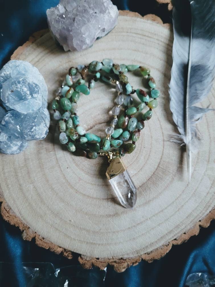 Chrysoprase necklace clear quartz point pendant crystal healing jewellery gift for him or her necklace for women or men witchy jewelry