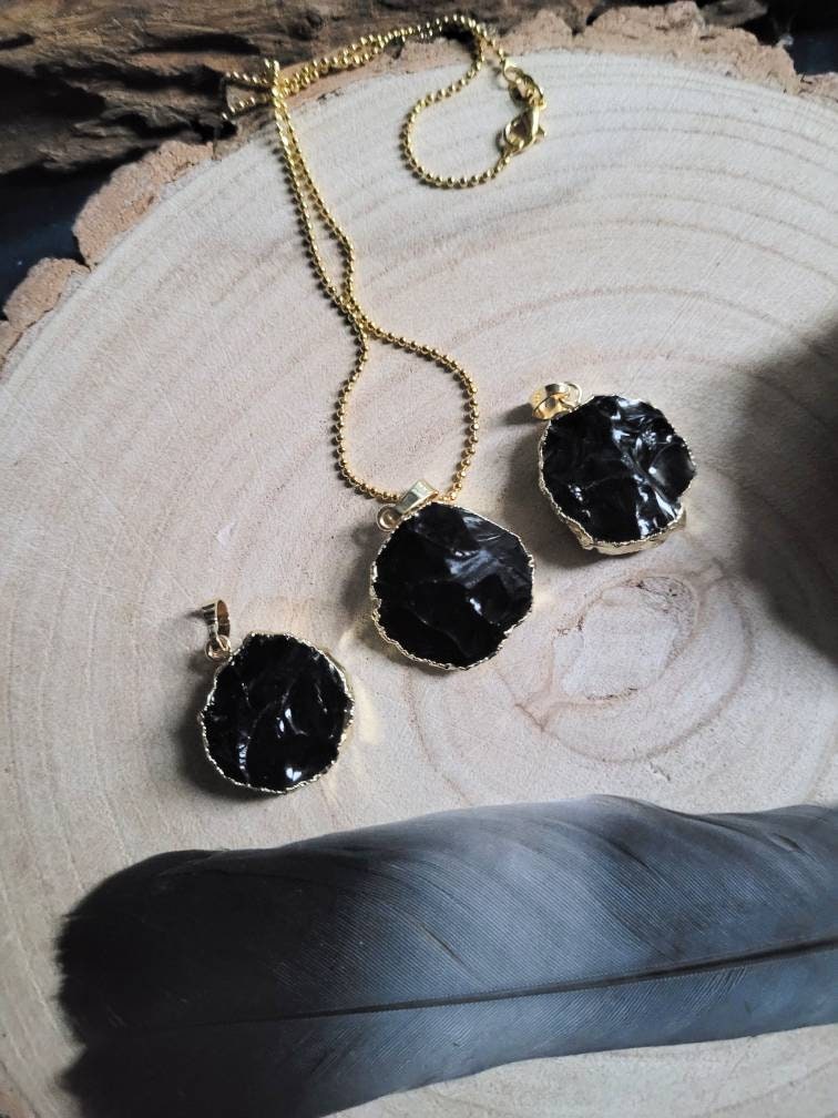 Black Obsidian pendant raw stone necklace crystal healing natural stone