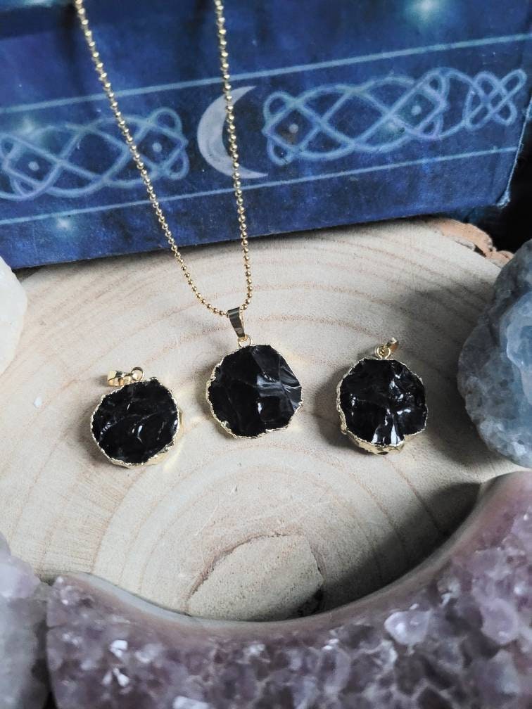 Black Obsidian pendant raw stone necklace crystal healing natural stone