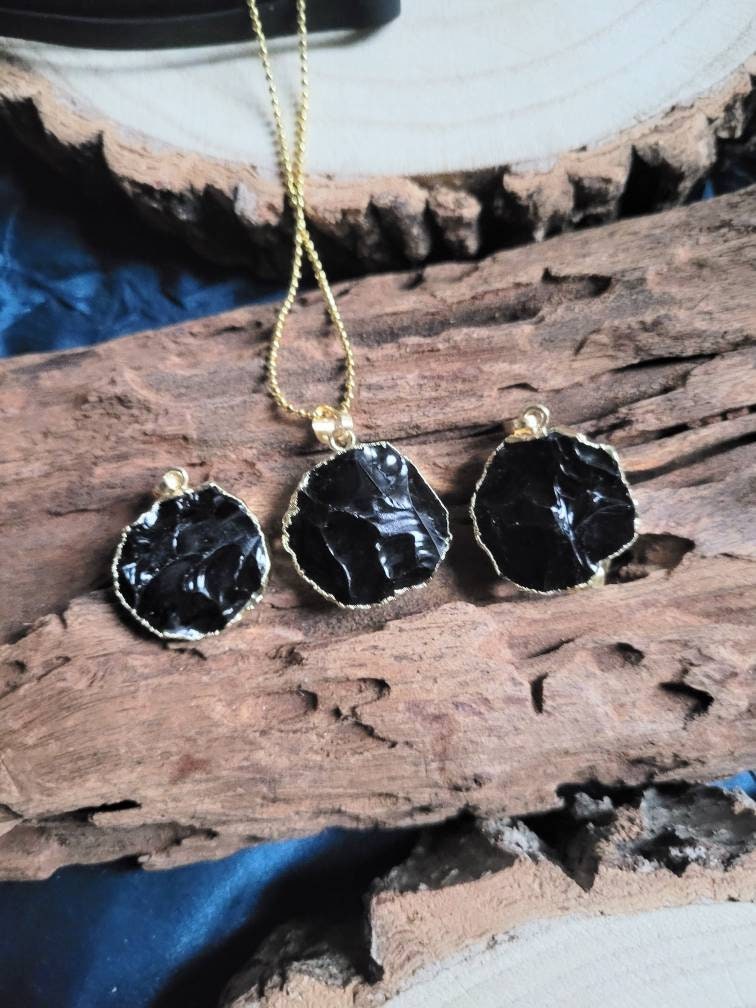 Black Obsidian pendant raw stone necklace crystal healing natural stone